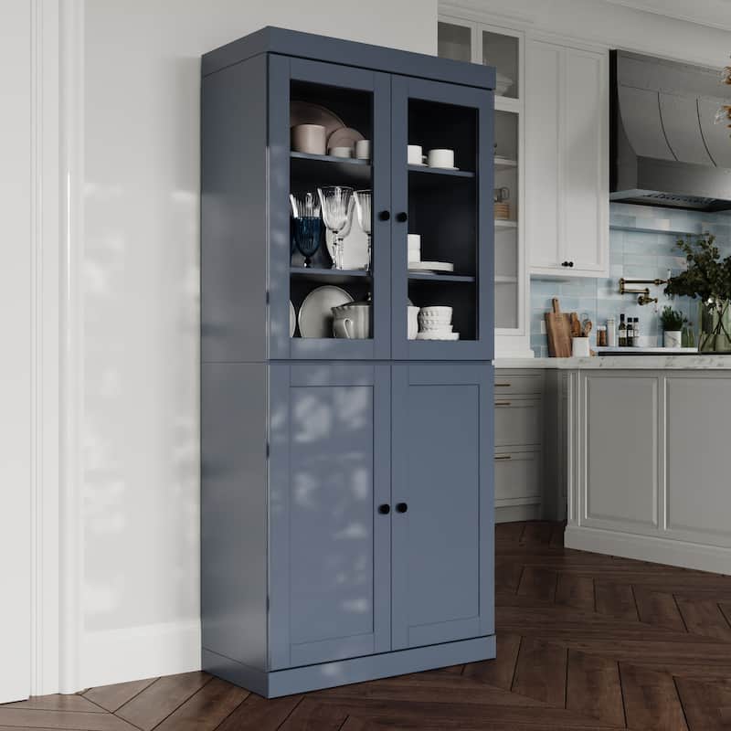 Palace Imports 100% Solid Wood 32" Pantry Cabinet with Clear Glass, Shaker Doors and Adjustable Shelves - Antique Blue