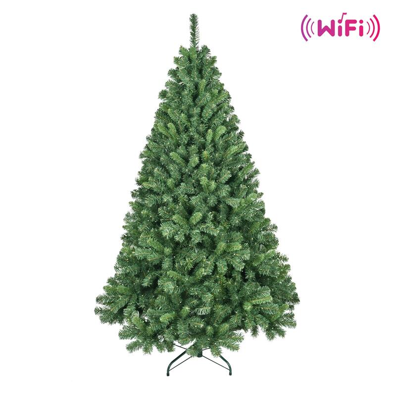 7FT PVC Christmas Tree with 380 WiFi Music Sync LED Lights- App Control,1339 Tips,Hinged Branches,Dual-Color Effects,Metal Stand