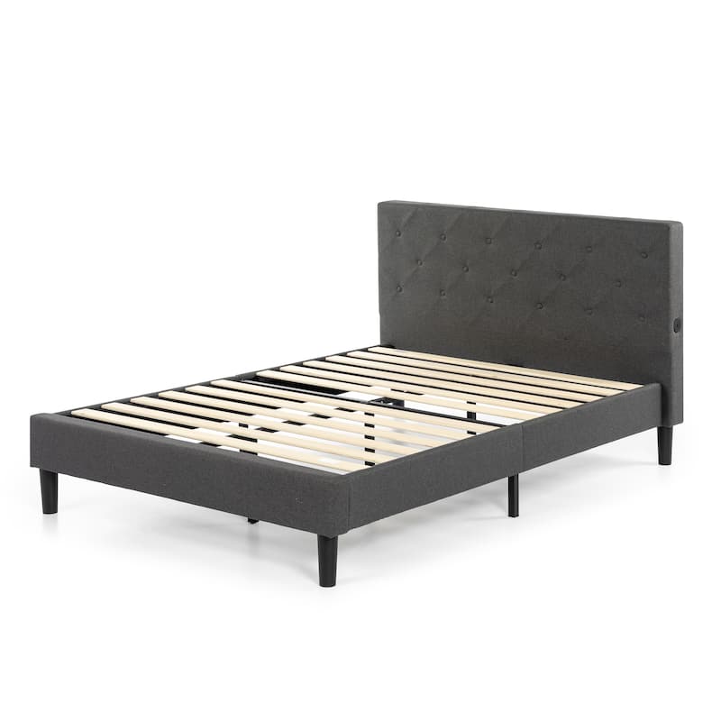 Priage by ZINUS Dark Grey Upholstered Diamond Stitched Platform Bed Frame with USB Ports