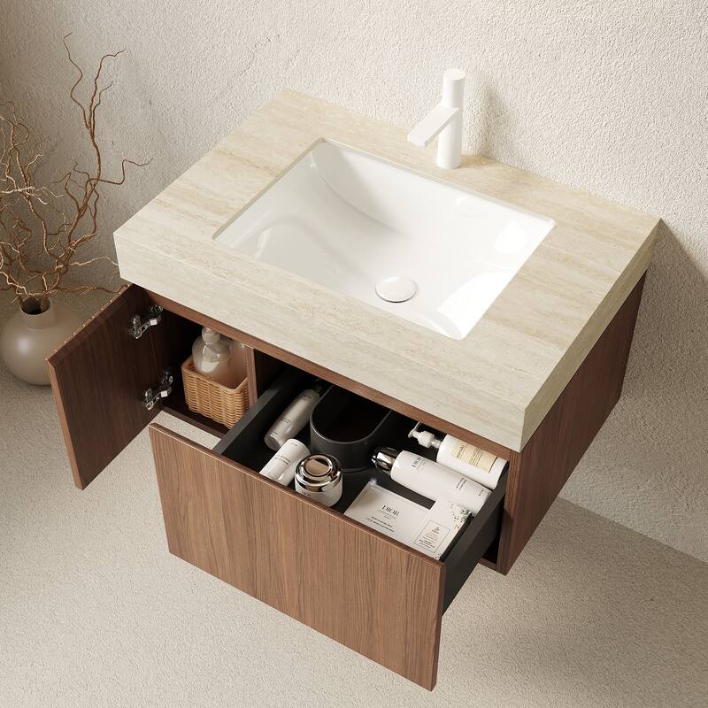 30"/36"/48" Wall-Mounted Bathroom Vanity with Ceramic Sink, Sintered Stone Countertop Floating Bathroom Storage Cabinet