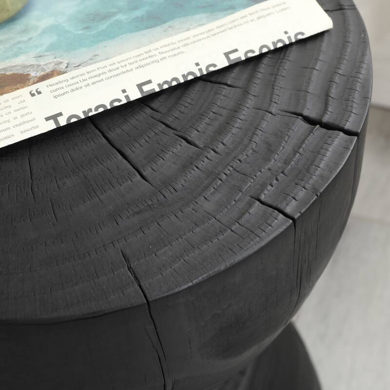 Solid Mango Wood Side End Table in Black, 17.7 inch Round Contemporary Wooden Accent Table, Small Round Plant Stand