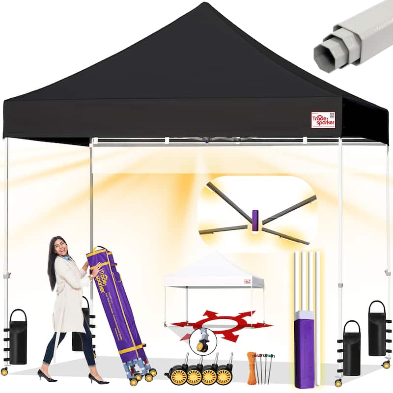 Tradesparker 8x8 Pop Up Canopy Tent LED Curtain 4 Casters Weight Kit - 8x8ft - Black