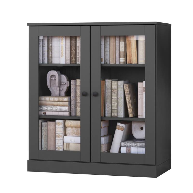 Palace Imports 100% Solid Wood 3-Shelf Bookcase, Clear Glass Doors, Adjustable Shelves, 32" Wide, 35.75" Tall