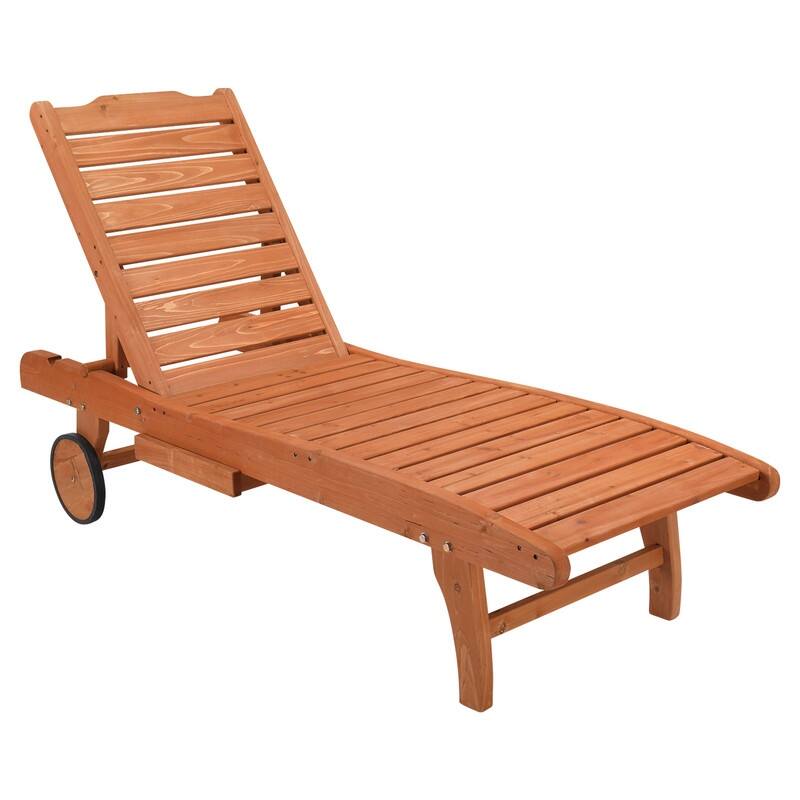 Patio Rolling Wooden Chaise Lounge withe Cup Holder - Wooden