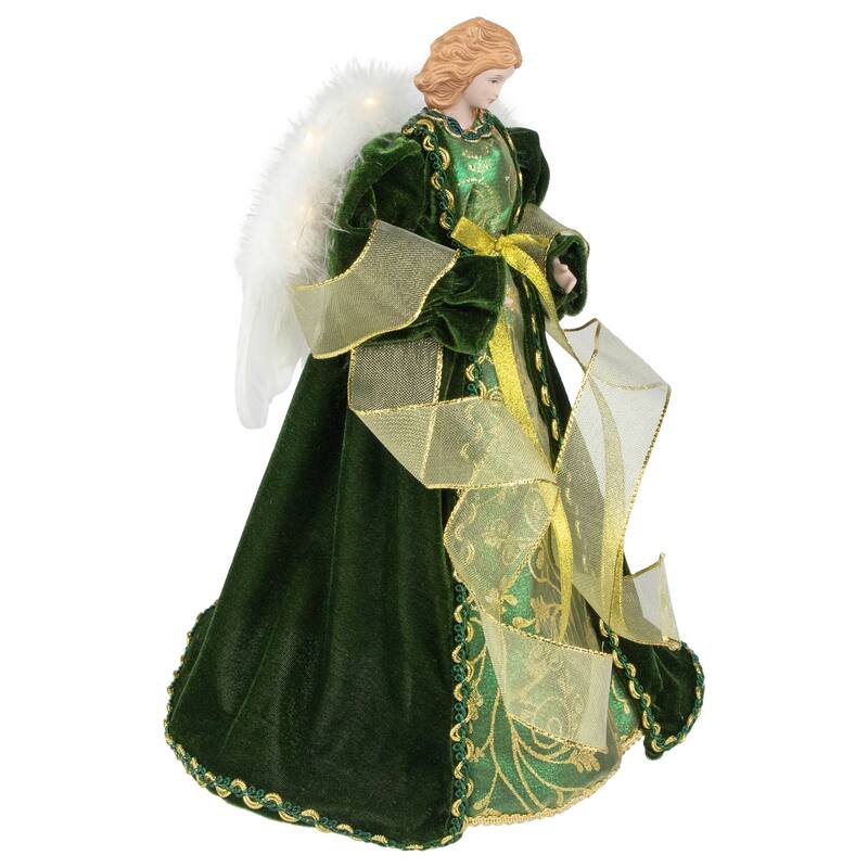 Angel with Lighted Wings Christmas Tree Topper - 14" - Green and Gold