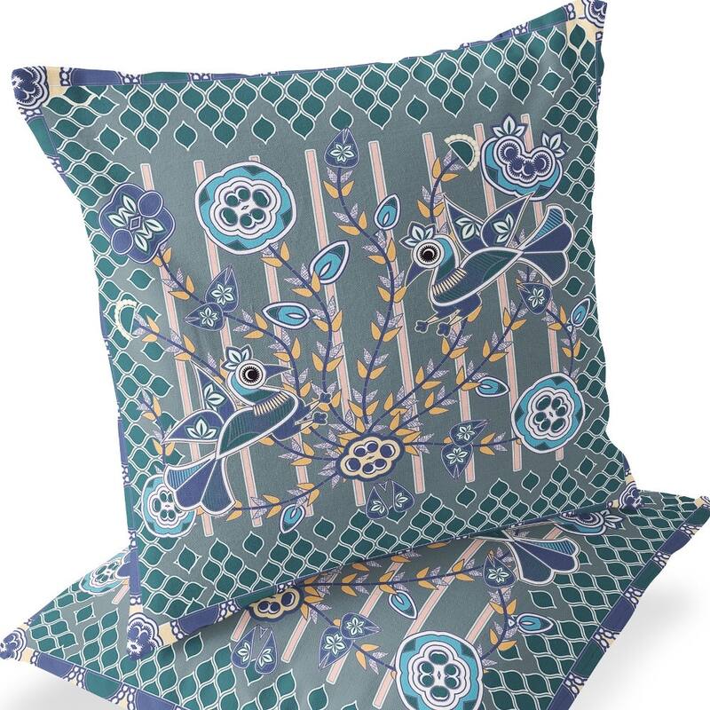 HomeRoots Set of Two 16" X 16" Blue and Gray Peacock Blown Seam Floral Indoor Outdoor Throw Pillow - 16.00' X '16.00' X '5.00