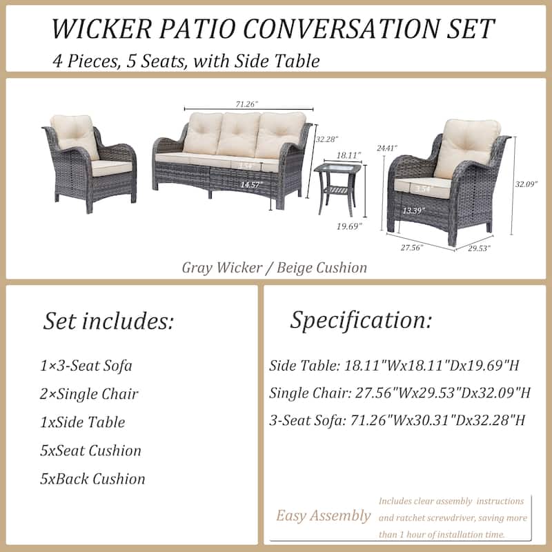 4 Piece Outdoor High Back Wicker Patio Conversation Furniture Sets
