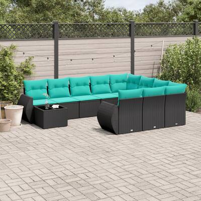 vidaXL 11 Piece Patio Sofa Set with Cushions Black Poly Rattan - 28 x 24.4 x 27.2