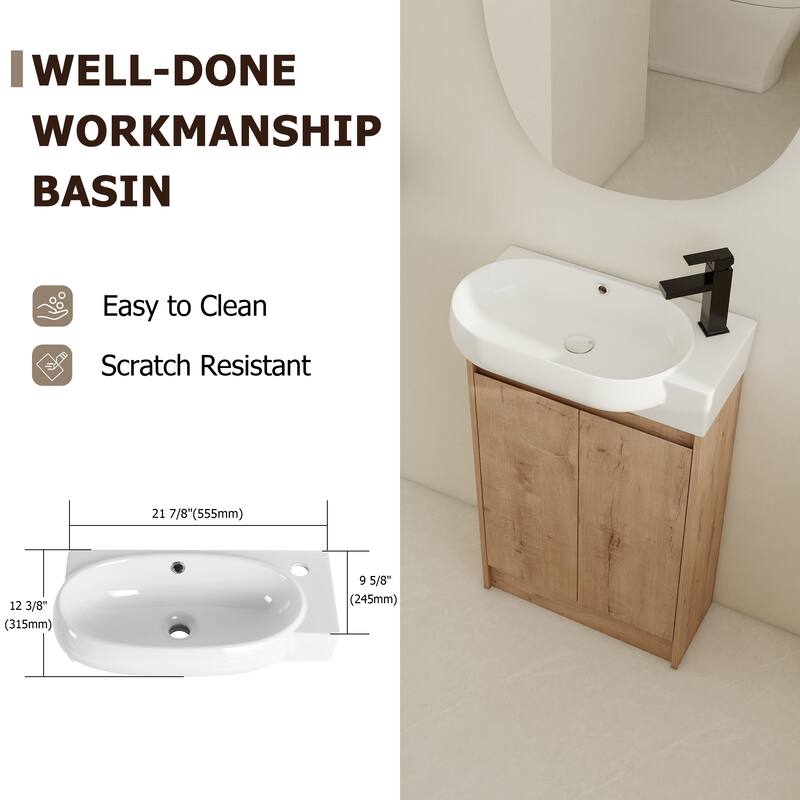 Compact 23'' Freestanding Vanity with Round Ceramic Sink & Soft-Close Hinges for Bathroom