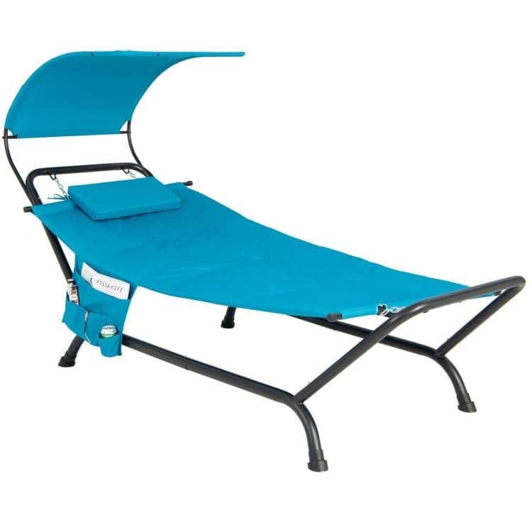 Metal Canopy Hammock Chaise Lounge Chair with Pillow and Stand - 95.5" x 40.5" x 53" - Blue
