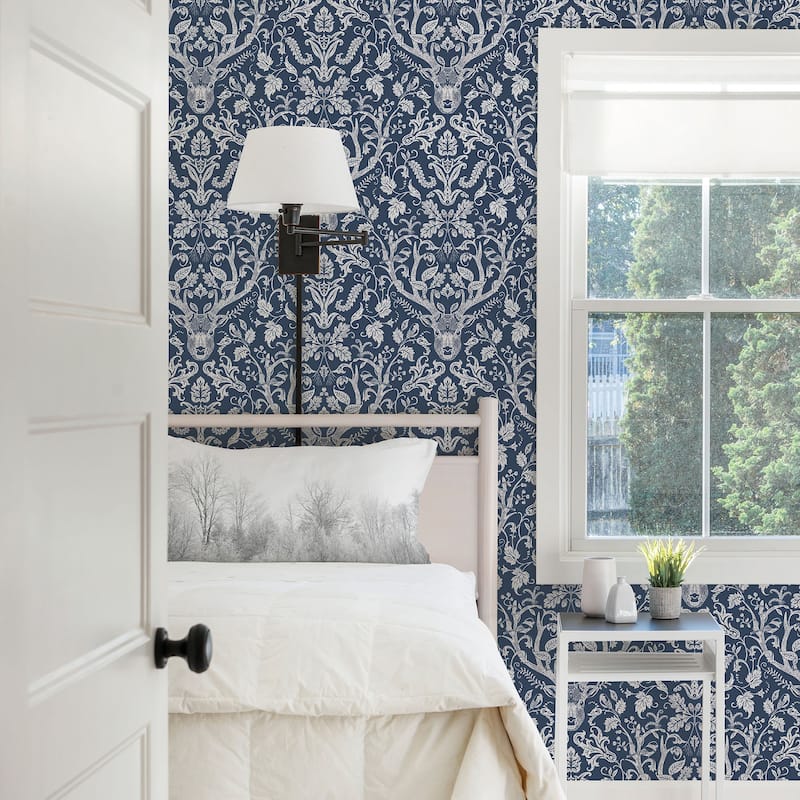 Animals Bella Kiwassa Taupe Antler Damask 33' L X 20.5 W Wallpaper Roll - Navy