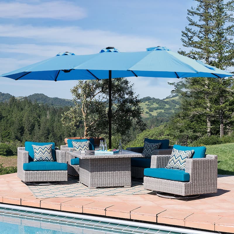 15x9ft Double-Sided Rectangular Outdoor Patio Umbrella with Light and Base - Blue - Blue