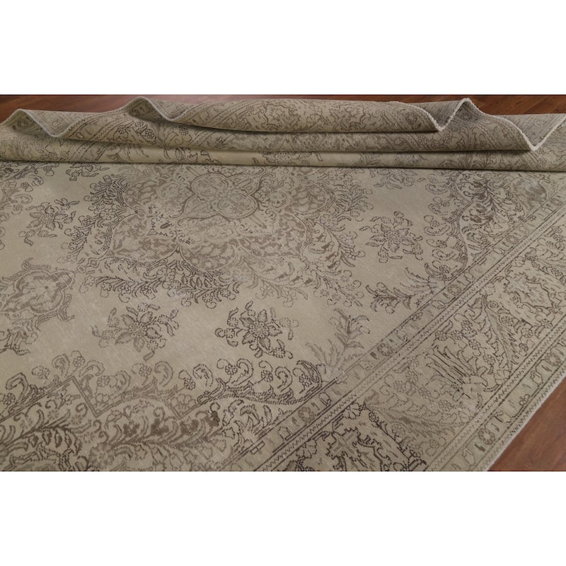 Distressed Tabriz Persian Vintage Beige Rug Hand-knotted Wool Carpet - 8'4" x 10'10"