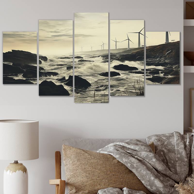 Designart "Wind Turbines Monochrome Coastal Harvest" Landscapes Multipanel Canvas Print set - 60 In. Wide X 32 In. High - 5 Panels Diamond Shape