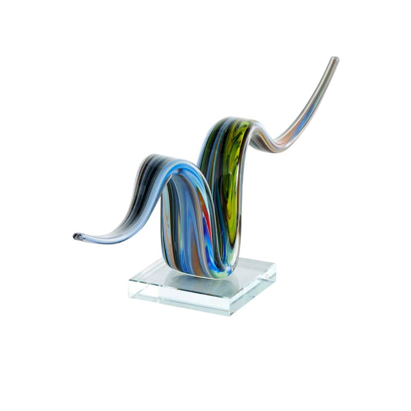 Multi Colored Glass Wave Abstract Decorative Sculpture with Clear Base - 4"W x 20"L x 6"H