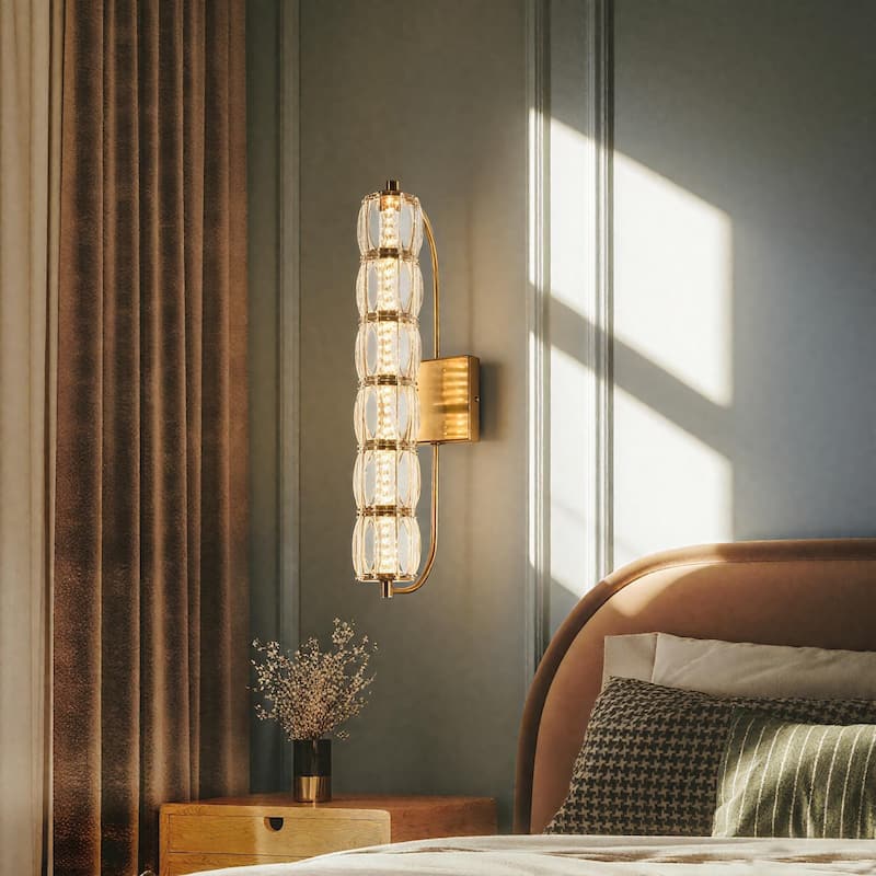 Modern Gold LED 1-Light Crystal Cylinder Wall Sconce Bathroom Vanity Light - Dia. 4.3" x H 19.7"