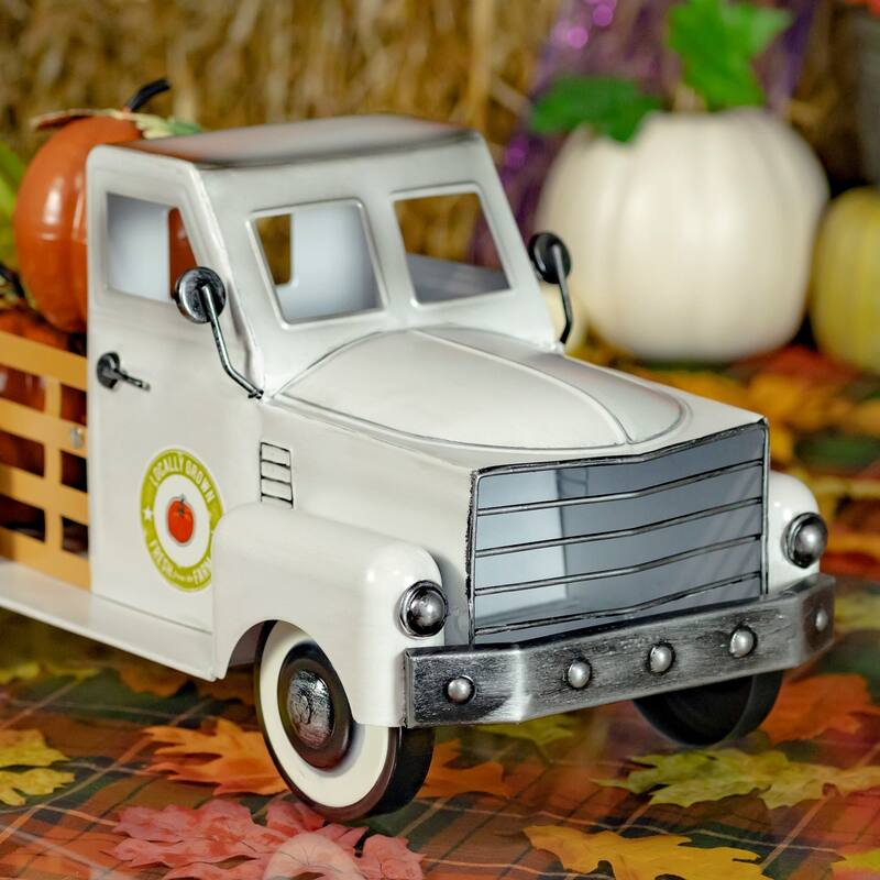 Country Style Metal Truck with Pumpkins in Antique White - 18" L x 8.6" W x 10" H