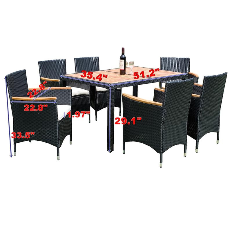 Outdoor Garden Black Wicker Dining Set with Acacia Wood Top, Cushions