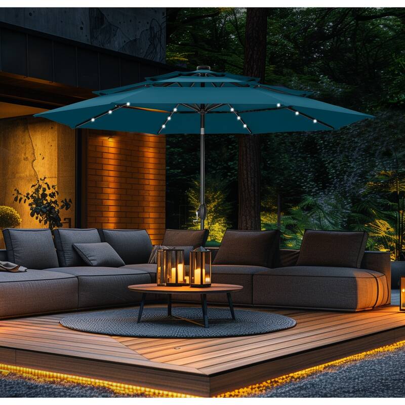 MAISON ARTS 10ft 3 Tier Auto-tilt Patio Umbrella Outdoor Double Vented Umbrella with LED Lights - Cyan-Lights
