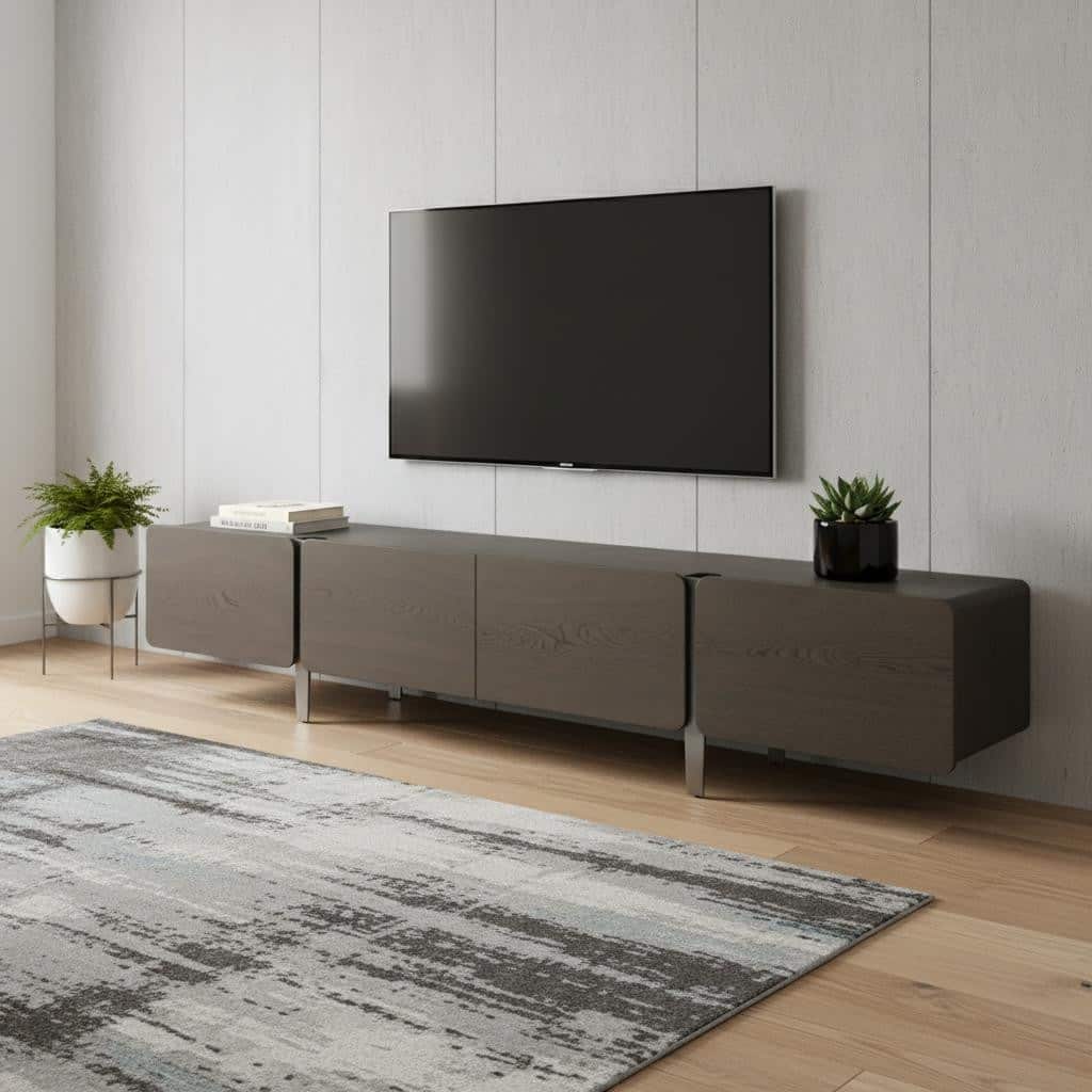 HomeRoots 95" Ash Gray And Nickel Wood And Stainless Steel Enclosed Storage TV Stand - 95.00 in. x 20.00 in. x 17.00 in.