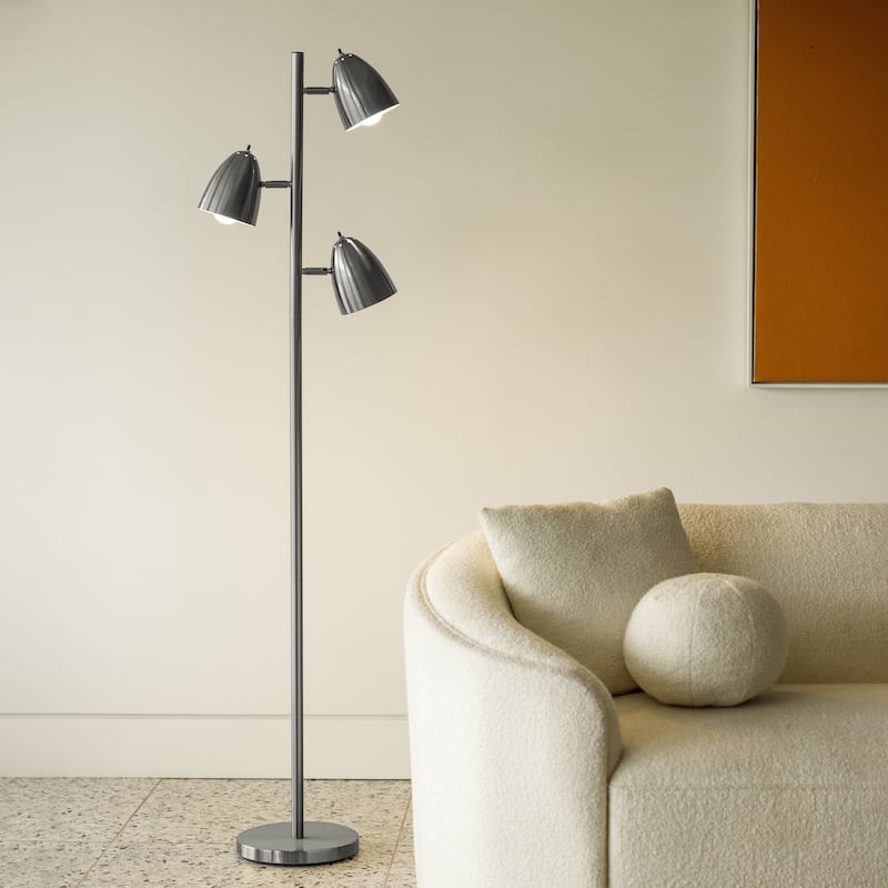 Brightech Jacob 64 in. Brushed Nickel Mid-Century Modern 3-Light Adjustable LED Floor Lamp with 3 Nickel Metal Cone Shades