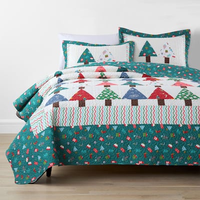 MarCielo Handcrafted Christmas Patchwork Cotton Quilt Bedspread Set 3-Piece Vintage Style Holiday Bedding