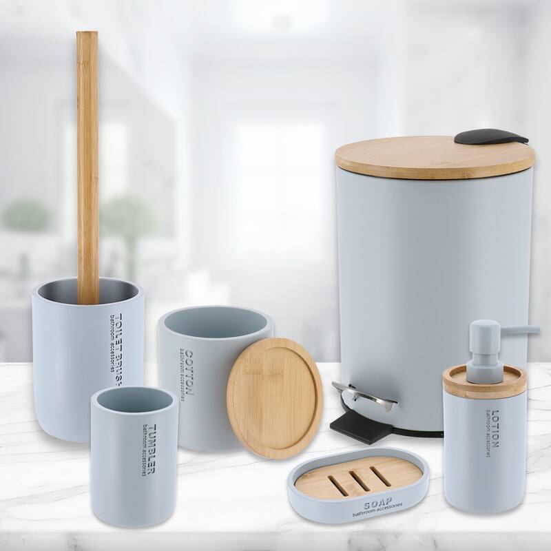 Bathroom Accessories with Natural Accents, Modern 6-piece Set