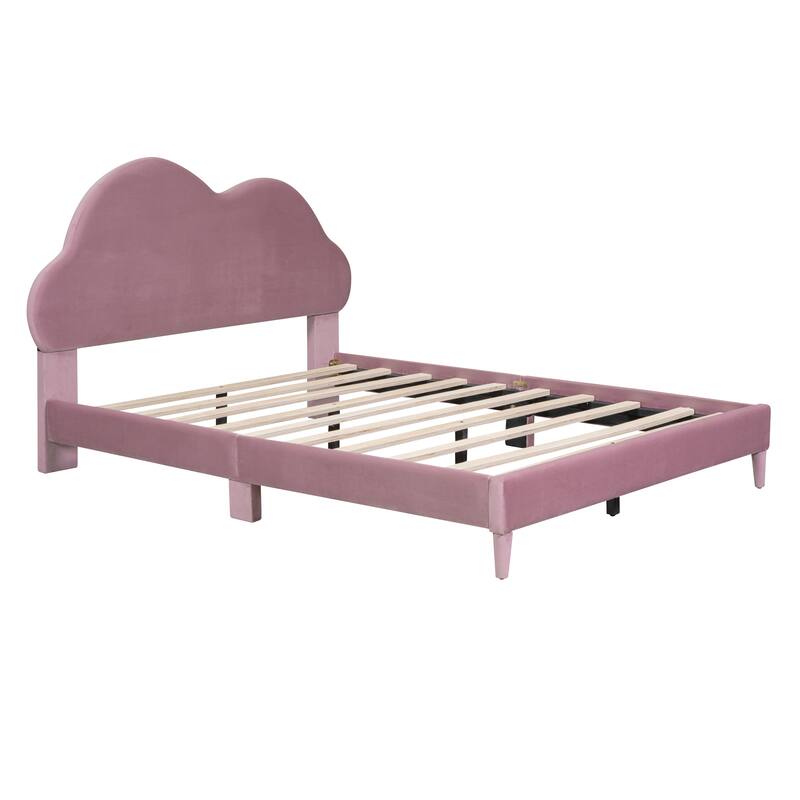 Stylish Velvet Upholstered Platform Bed with Cloud Headboard - Twin/Full Size, Box Spring Not Required