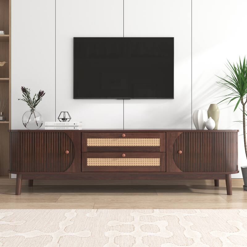 Rattan TV Stand Console Table with Storage Cabinets for TVs up to 75'' - 66.93" x 15.55" x 18.11"