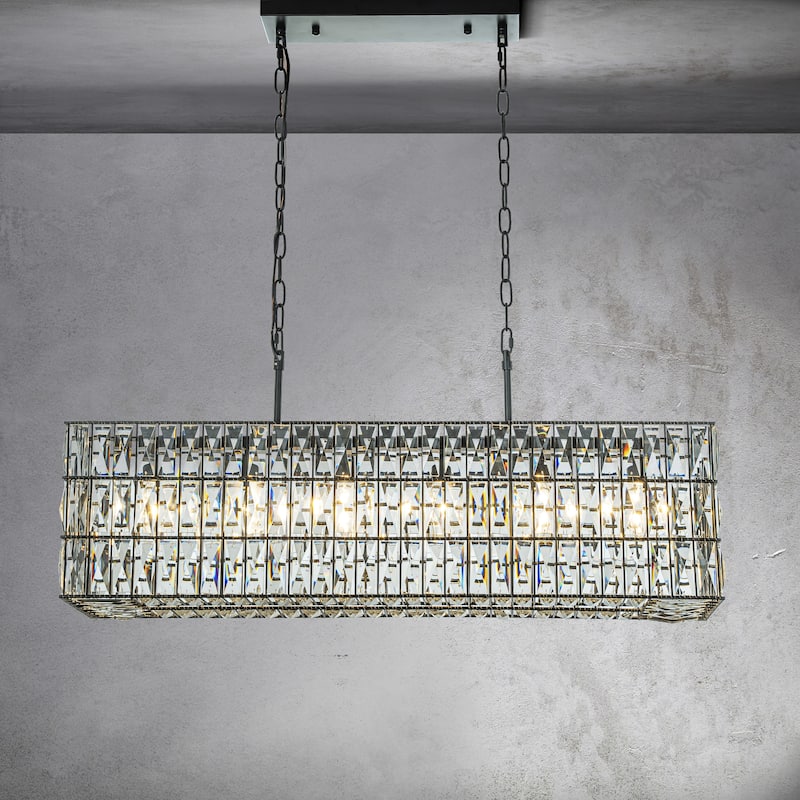 CraftHome Modern Luxury 6-Light Matte Black Rectangular Chandelier with Diamond Crystal Accents for Kitchen Island - W:37"