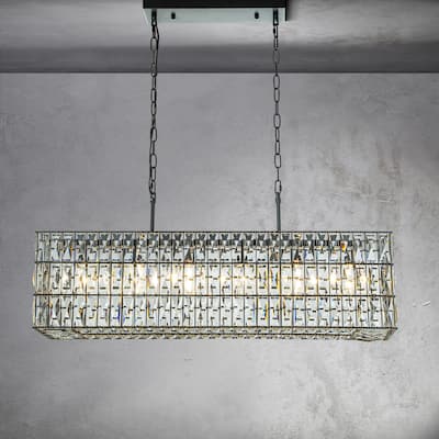 CraftHome Modern Luxury 6-Light Matte Black Rectangular Chandelier with Diamond Crystal Accents for Kitchen Island - W:37"