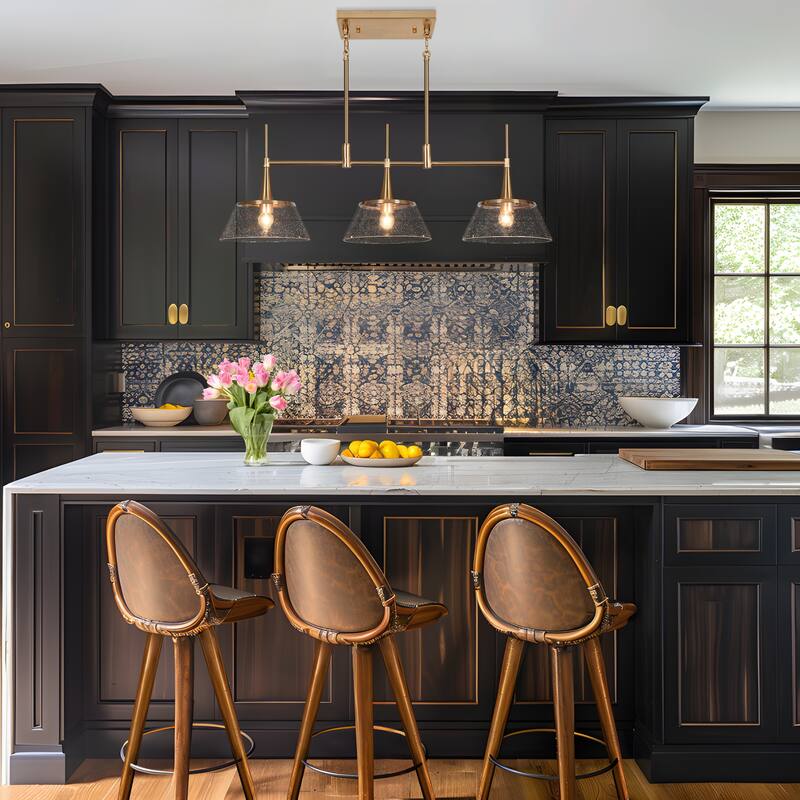 Mola Modern Gold 3-Light Seeded Glass Chandelier Linear Island Pendant Light for Dining Room