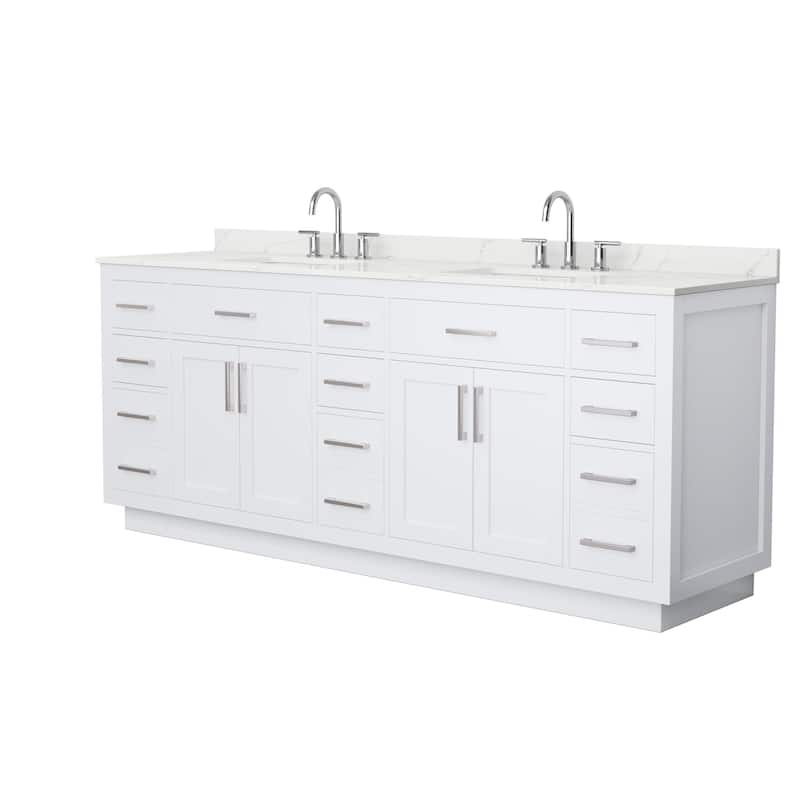 Beckett TK 84-inch Double Vanity, 3 Hole Quartz Top - White, Nickel Trim, Giotto Quartz Top