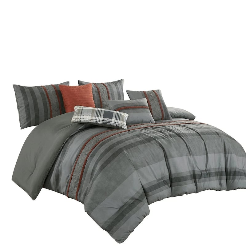 7 Piece Grey Orange Modern Striped Bedding Comforter Set