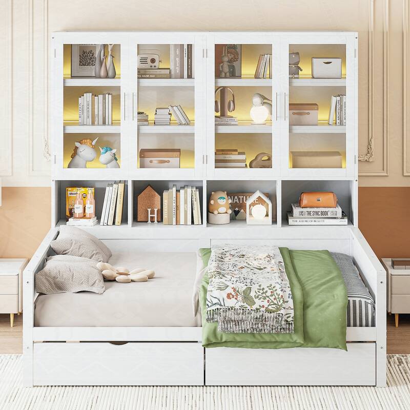 Wooden Daybed with Glass-Door Storage Cabinets and Built-in LED Lighting