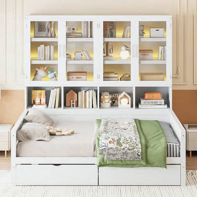 Wooden Daybed with Glass-Door Storage Cabinets and Built-in LED Lighting