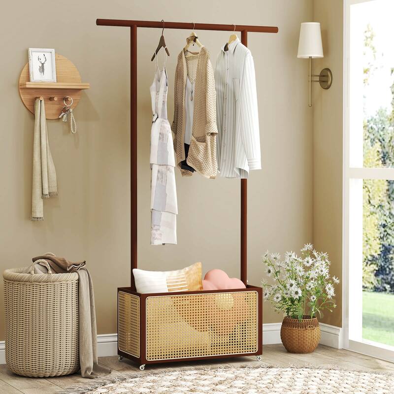 Costway Bamboo Clothes Rack with Rattan Storage Basket & Wheels, - See Details