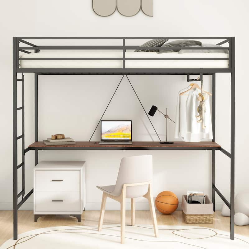 Twin Loft Bunk Black with Cinnamon Wood Desk and Closet Rod