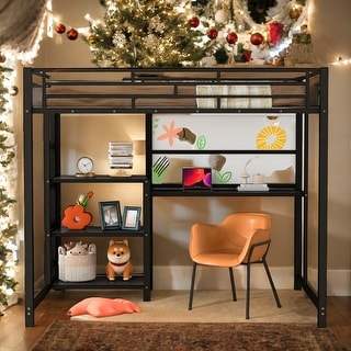 Full Size Loft Bed with Desk and Whiteboard with 3 Shelves and Ladder