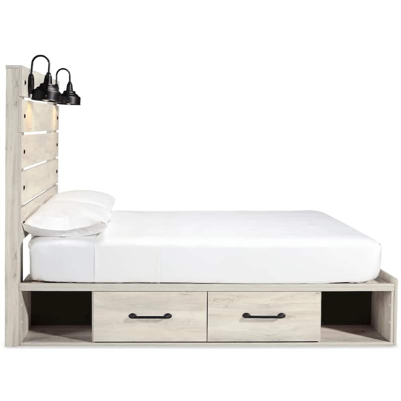 Cemy Rustic Queen Panel Bed, 2 Sconce Lights and 4 Drawers, Whitewash