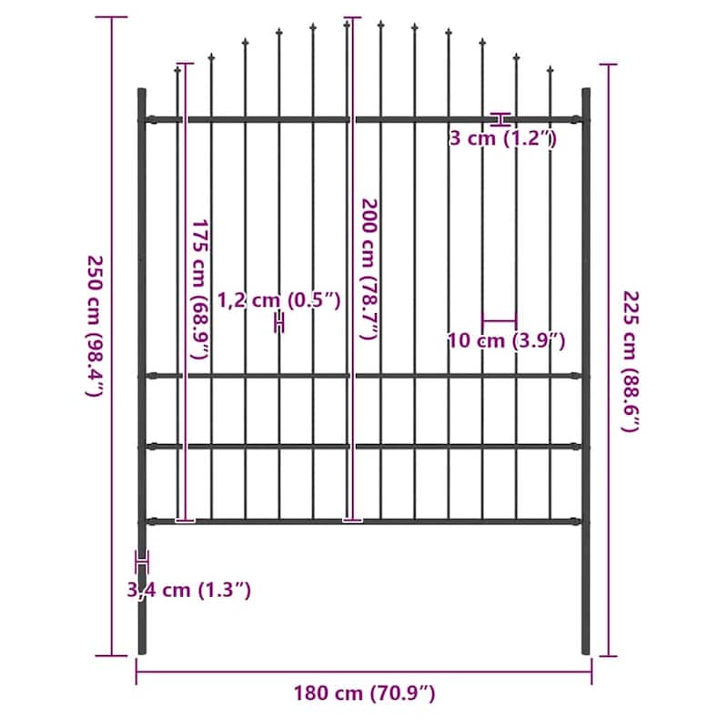 vidaXL Garden Fence with Spear Top Steel 71.3"x29.5"/68.9"/78.7" Black
