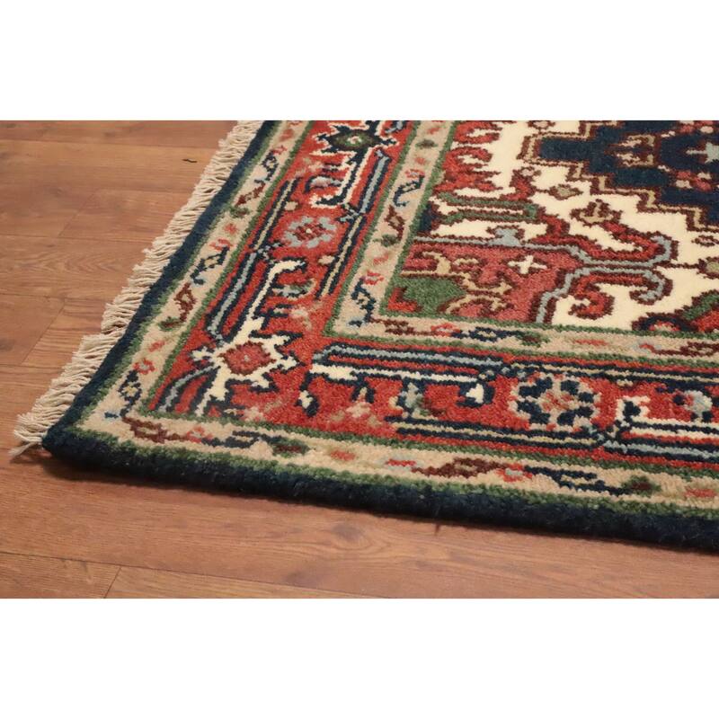Hand Knotted Oriental 100% Wool Carpet Traditional Medallion Navy Blue & Blues Heriz (serapi) Area Rug - 5' 2'' X 2' 9''
