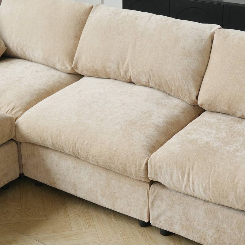 Minimalist U-shaped Upholstered Sofa 4-Seater Chenille Modular Sectional Couch with 2 Ottoman