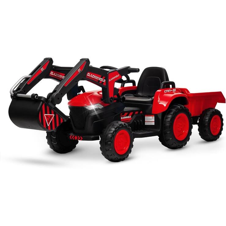 12V Kids 3 in 1 Ride on Excavator & Tractor with Detachable Trailer - Red