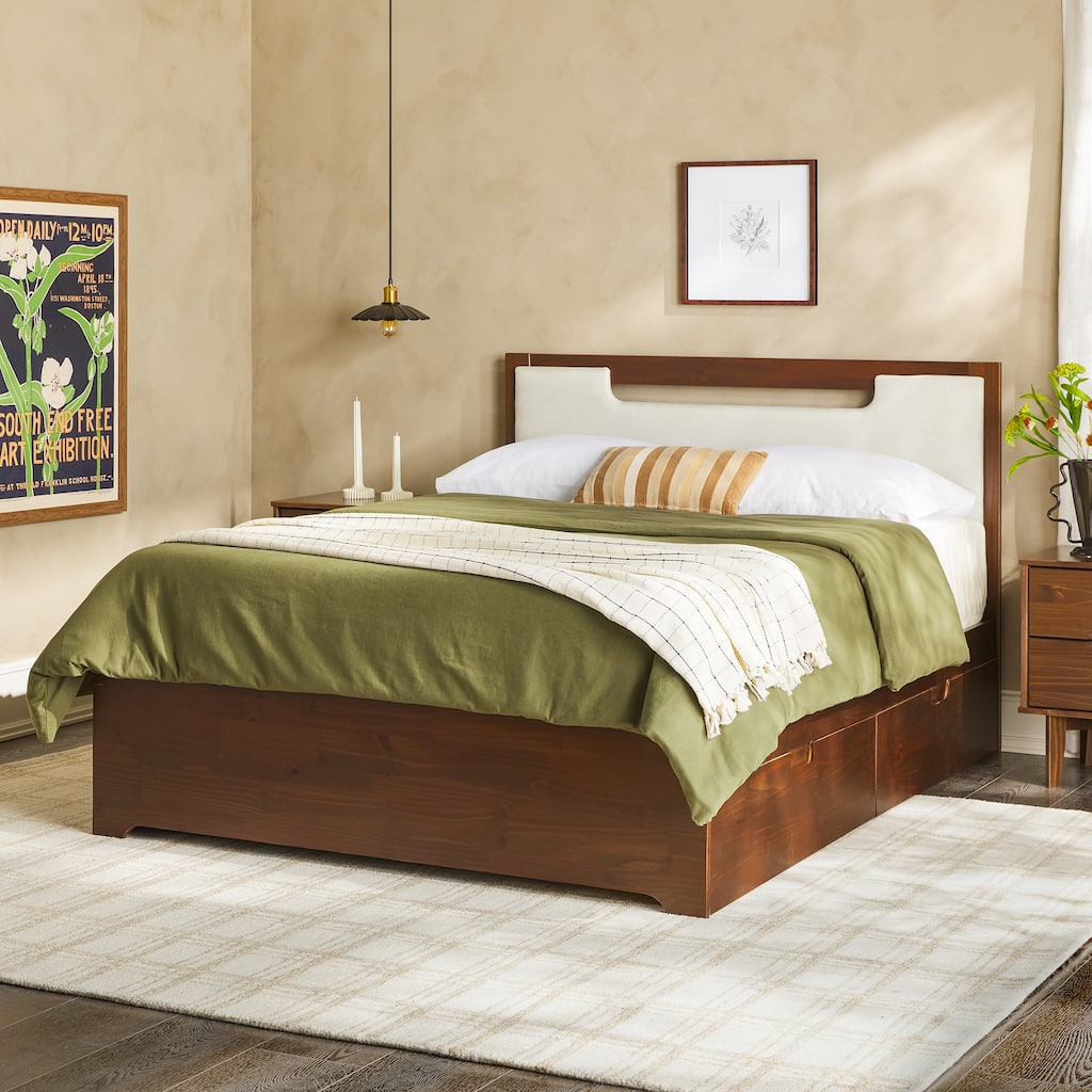 Walker Edison Mid Century Modern Solid Wood Storage Platform Queen Bed