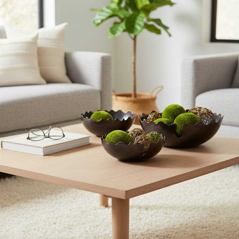 Scalloped Edge Decorative Bowl with Contours - Set of 3 - 18", Black - 18.0"