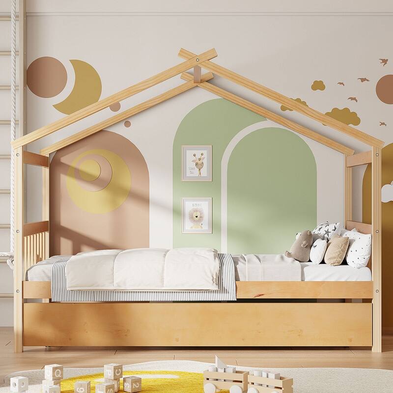 Twin Size Wooden House Bed with Twin Size Trundle
