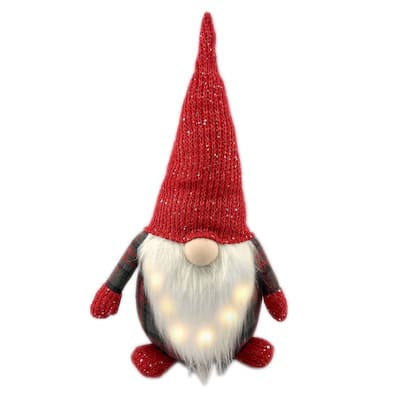 Plush Boy Gnome With LED Lighted Beard Christmas Figurine 22" Red Gray