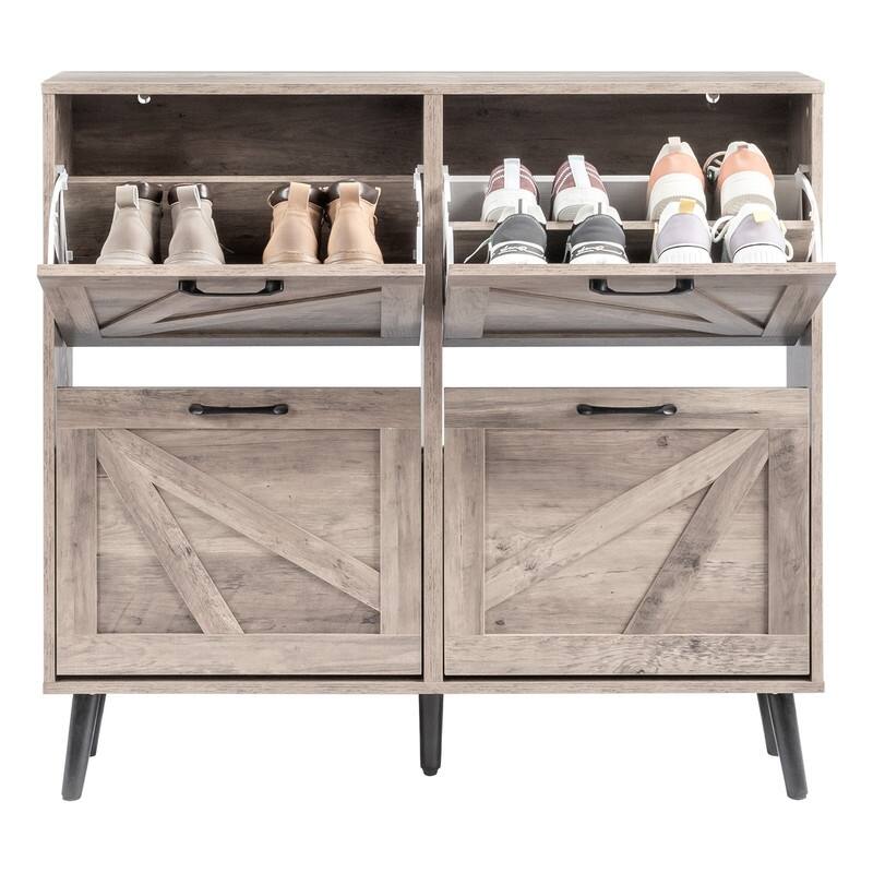 Barn Door 4 Flip Black Handles Melamine Particleboard Shoe Cabinet 41.7In