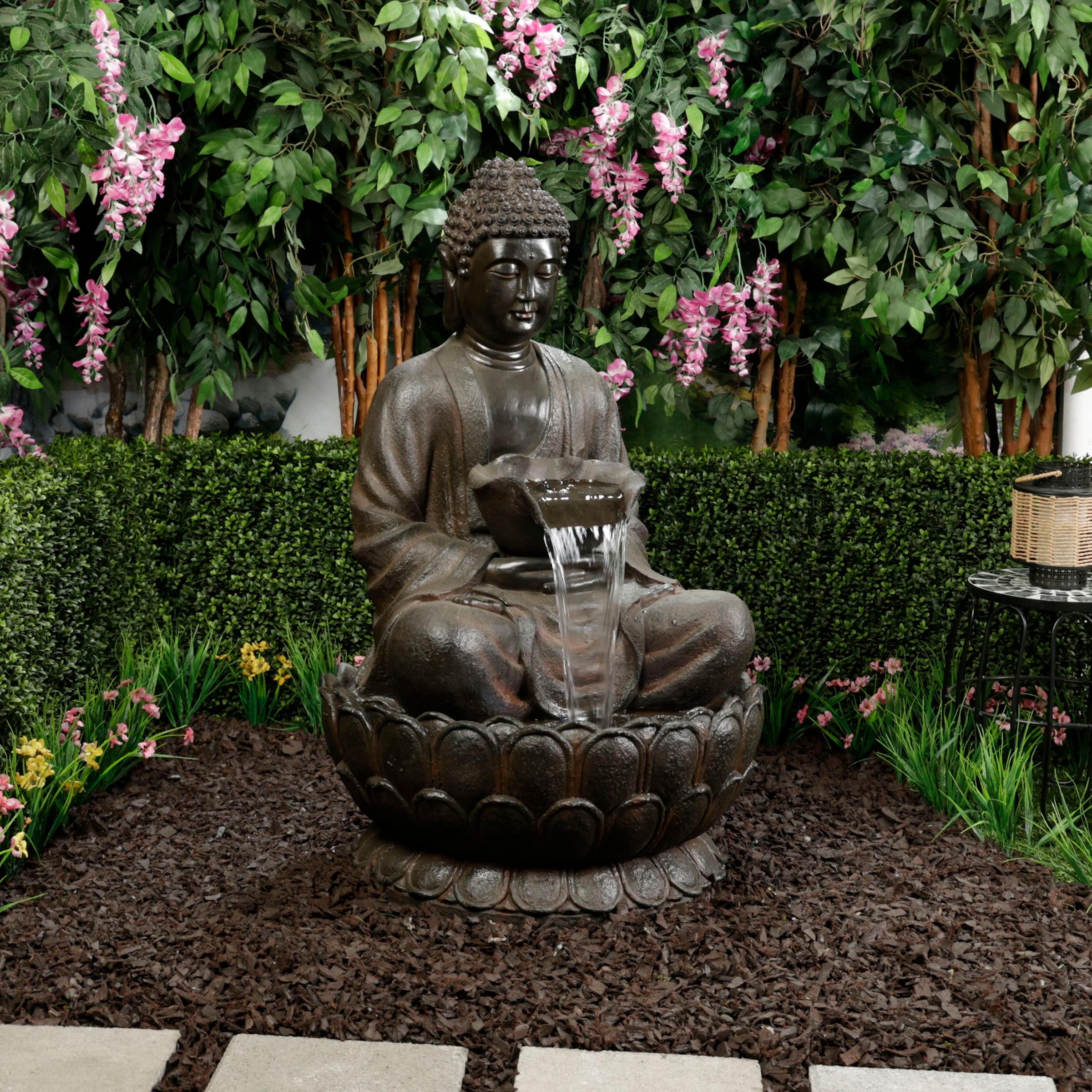Alpine Corporation WIN1586 Outdoor Floor Peaceful Buddha Fountain with LED Lights, Buddha Garden Water Fountain, 44"H, Brown